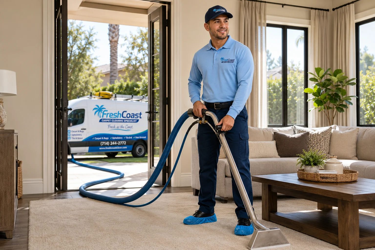 Professional Fresh Coast carpet cleaning technician standing in a bright Orange County home