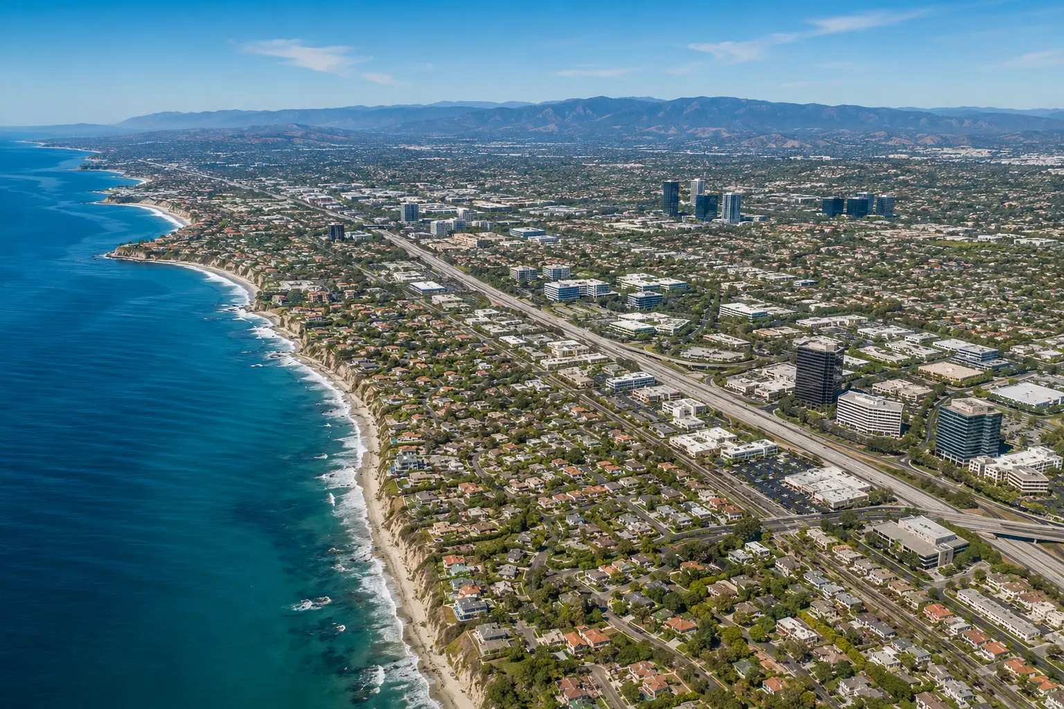 Aerial photograph of Orange County California coastline and inland communities served by Fresh Coast Carpet Cleaning