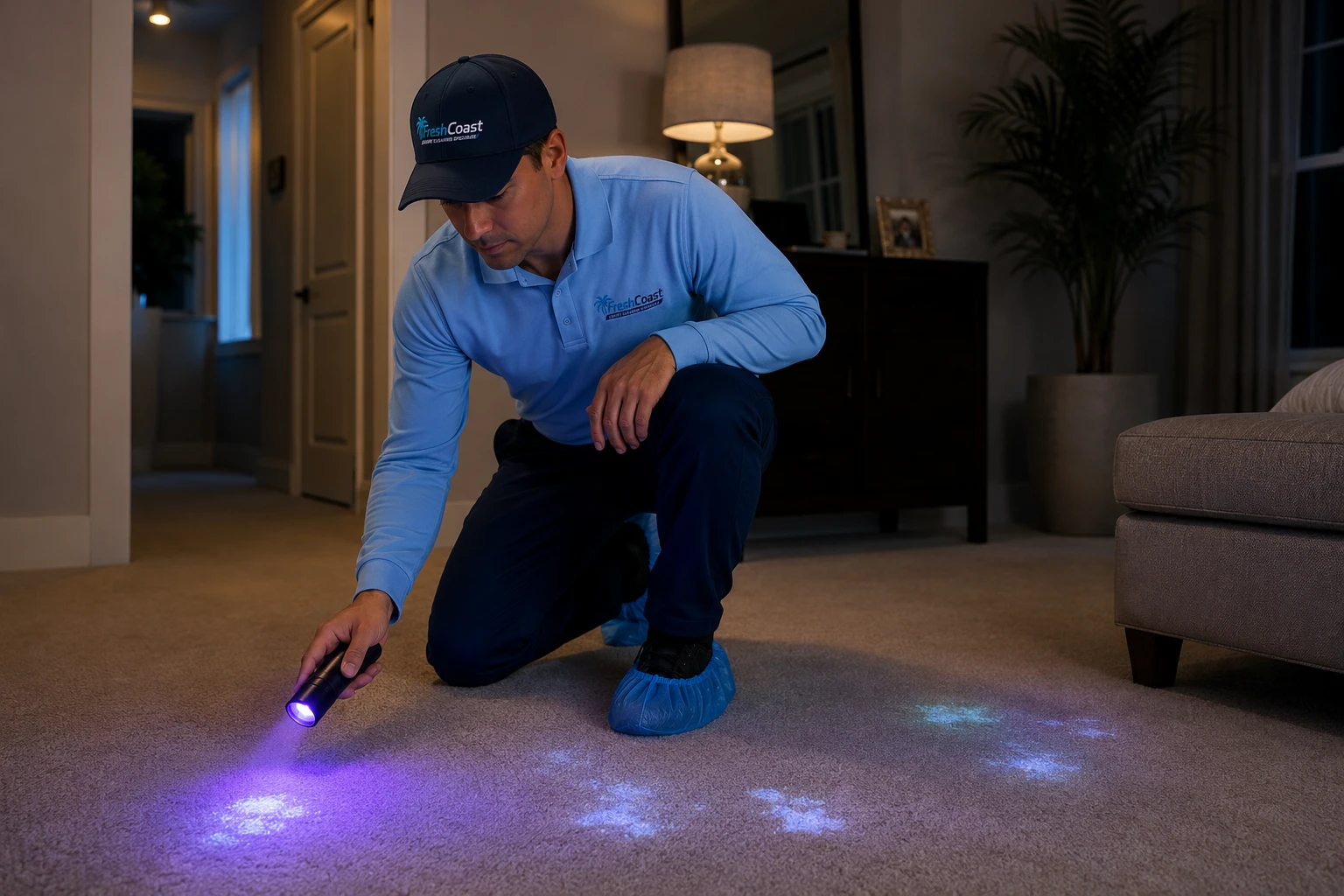 Fresh Coast technician inspecting carpet odor sources with professional equipment