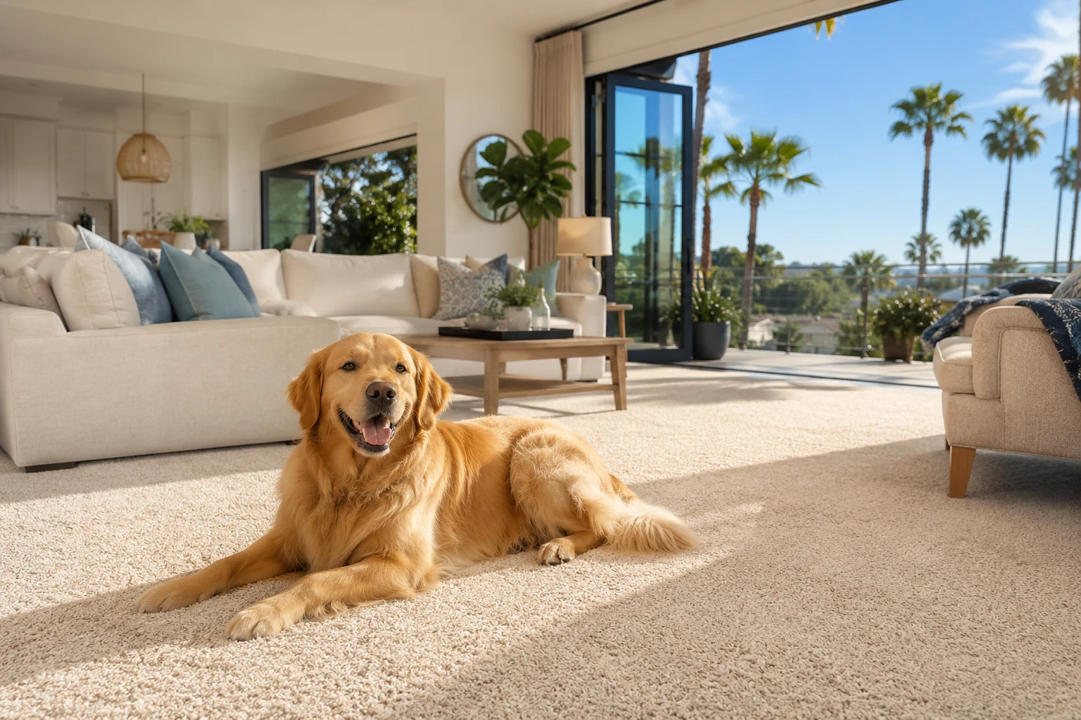Fresh clean Orange County living room after professional carpet odor removal