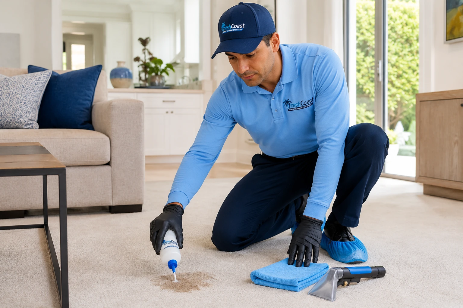 Fresh Coast technician applying targeted stain treatment on carpet