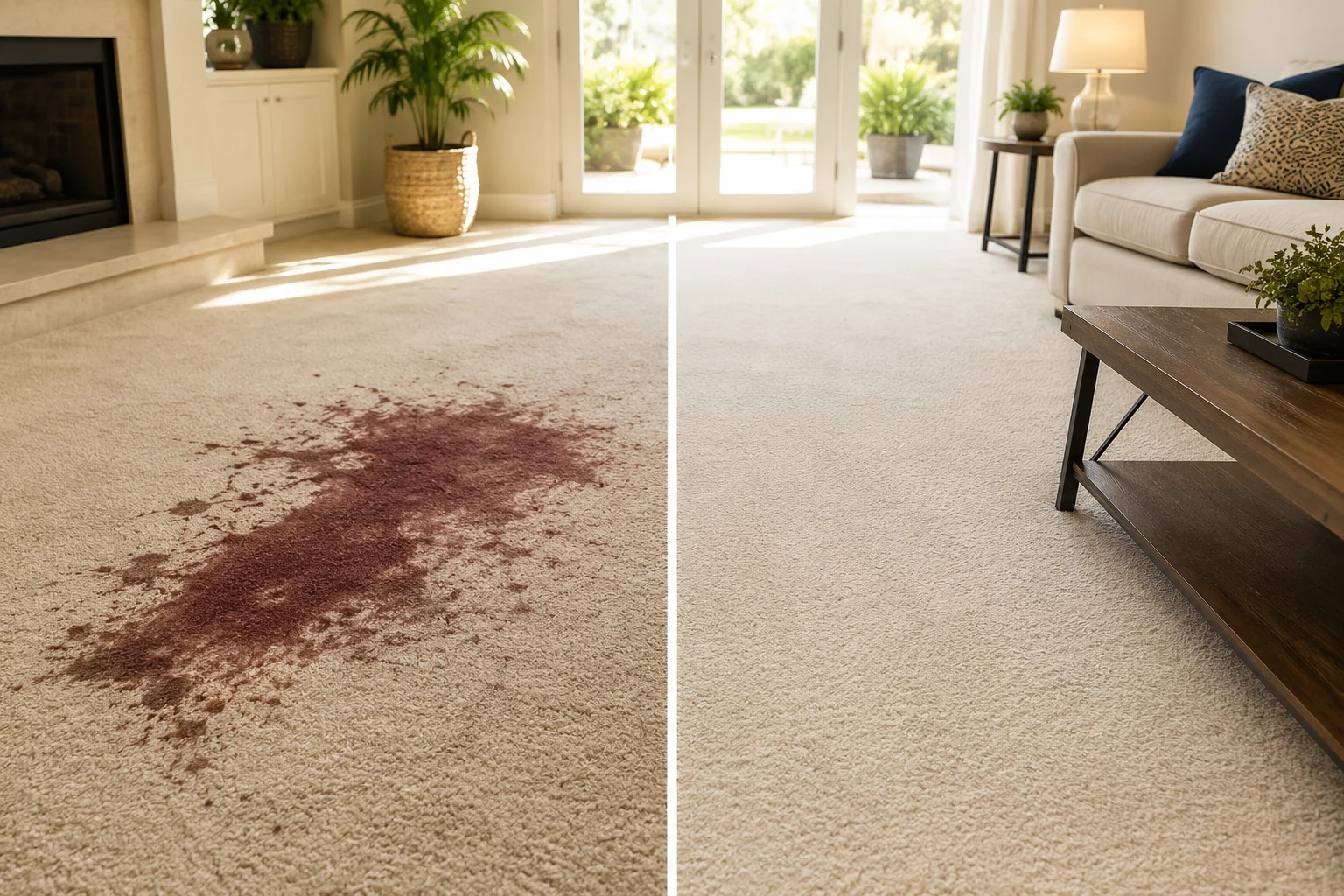 Before and after professional carpet stain removal in an Orange County home
