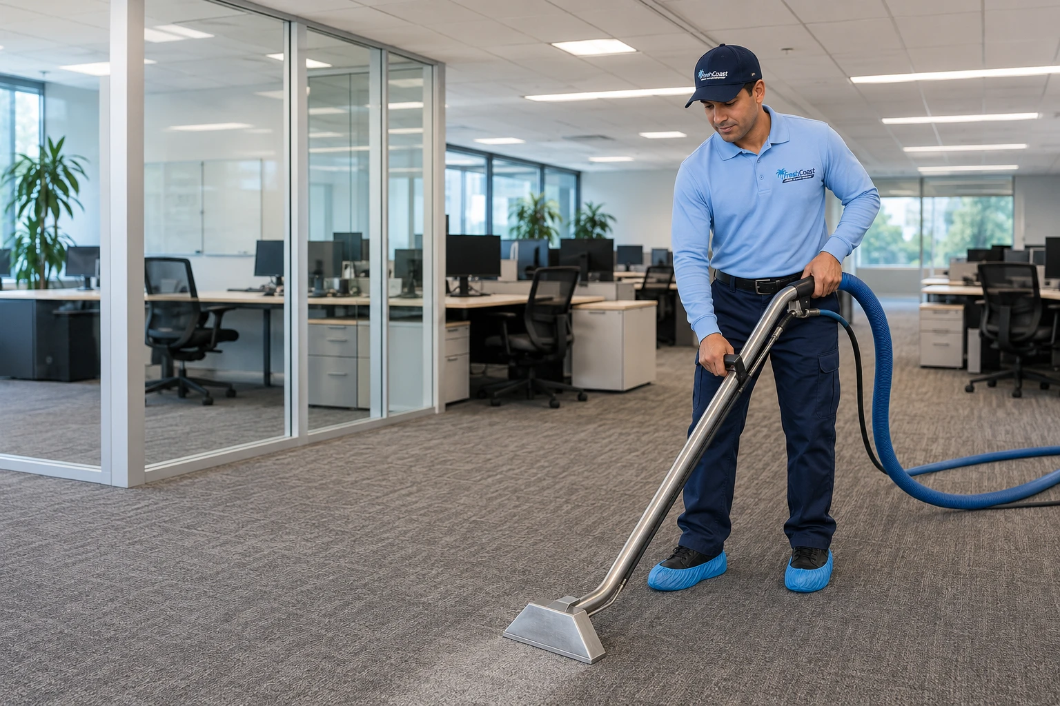 Fresh Coast technician cleaning commercial office carpet in Orange County