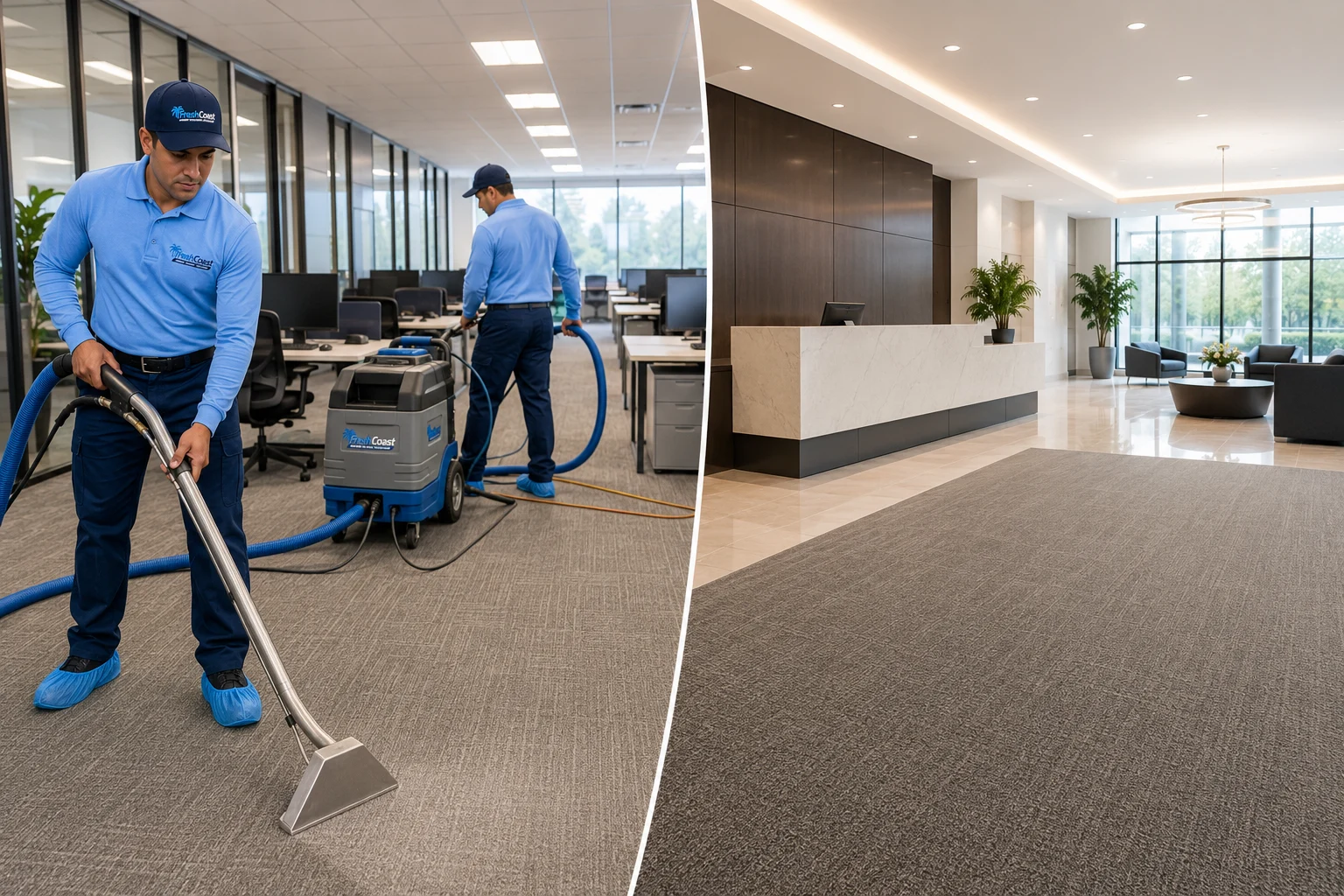 Fresh Coast technicians working efficiently in a large commercial office space
