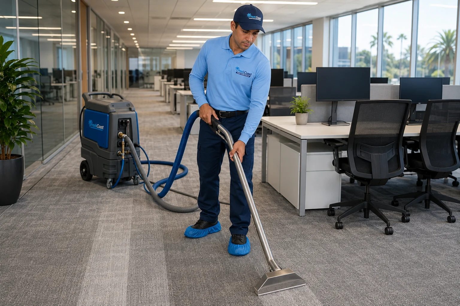 Professional commercial carpet cleaning in a modern Orange County office workspace