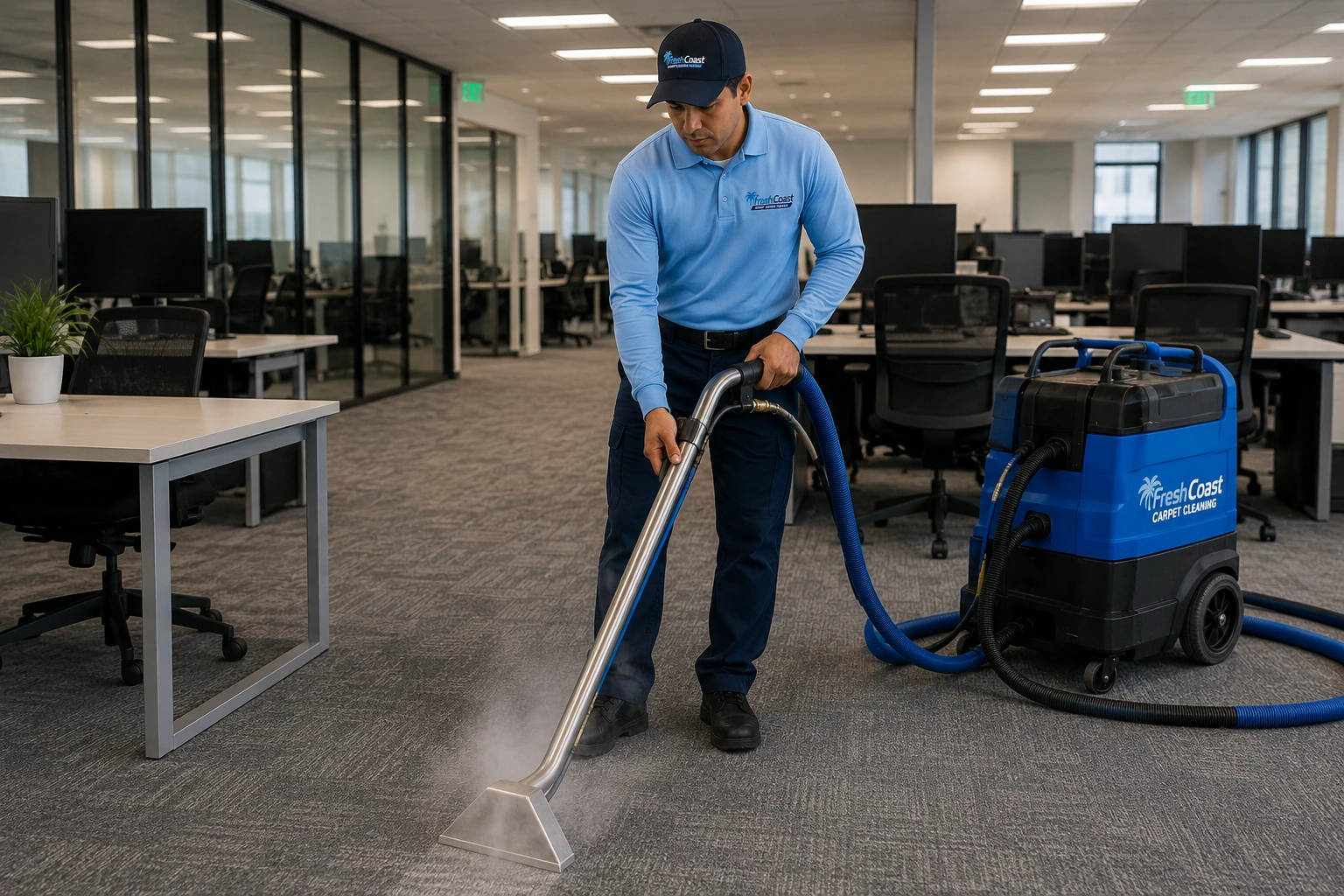 Professional carpet cleaning technician using commercial grade hot water extraction equipment on a large office carpet
