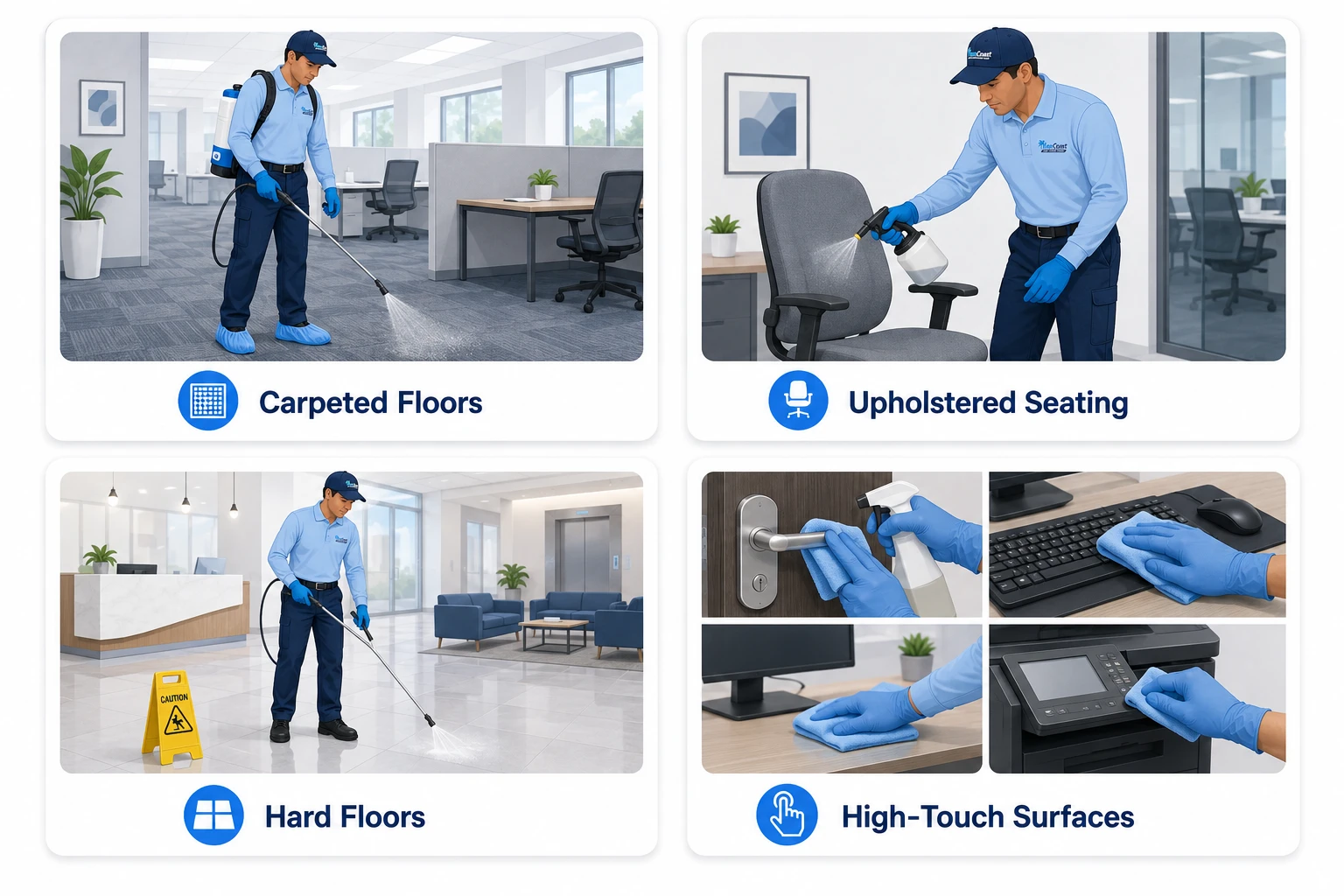 Commercial disinfectant service treating soft and hard surfaces