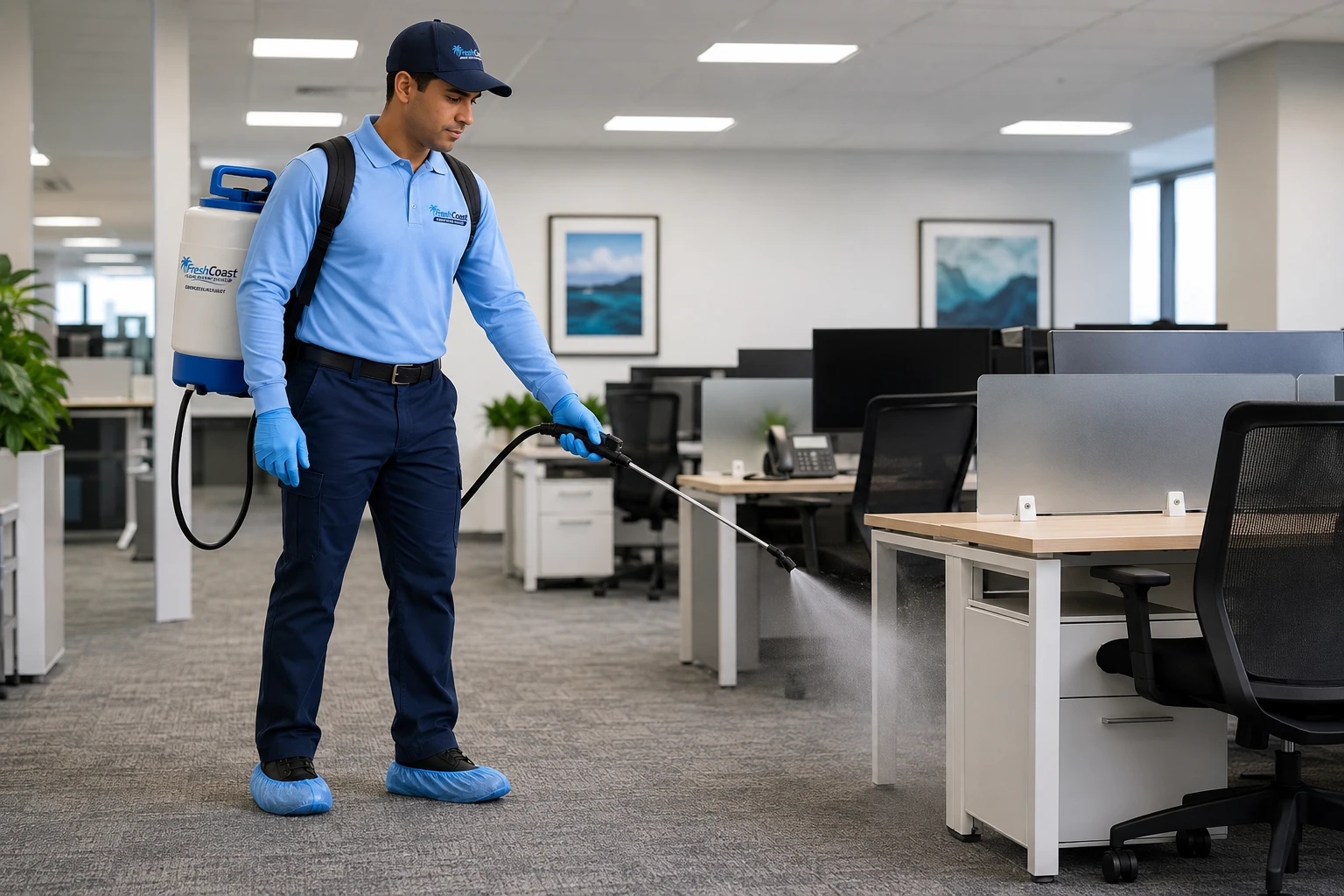 Fresh Coast technician applying commercial disinfectant in an Orange County office