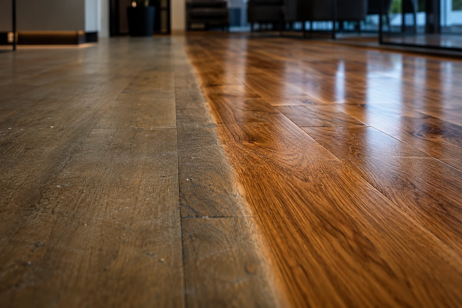 Polished commercial hardwood floors after professional cleaning