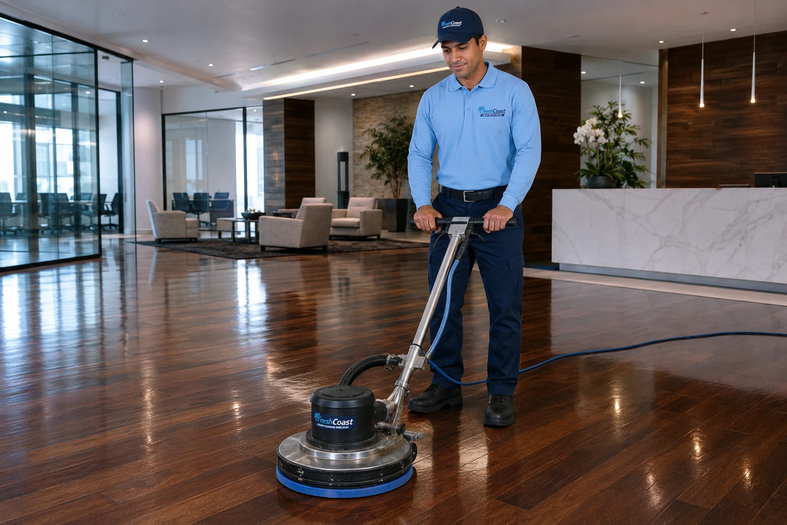 Fresh Coast technician cleaning commercial hardwood floors in Orange County