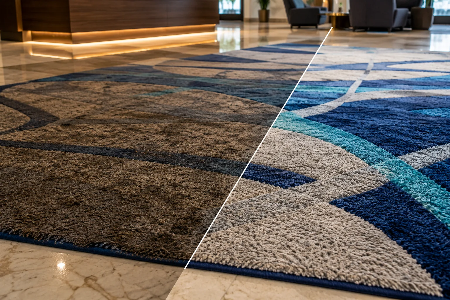 Clean commercial lobby rug after professional cleaning