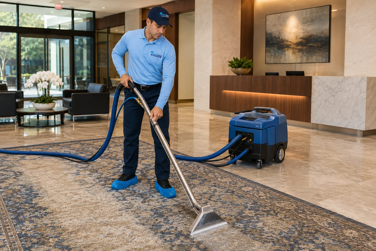 Fresh Coast technician cleaning a commercial lobby area rug in Orange County