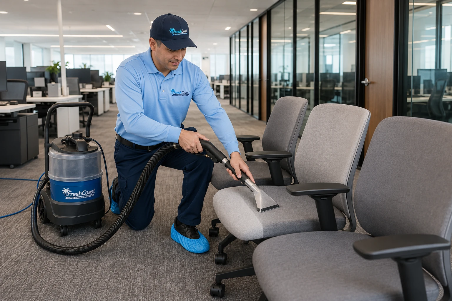 Fresh Coast technician cleaning commercial office upholstery in Orange County