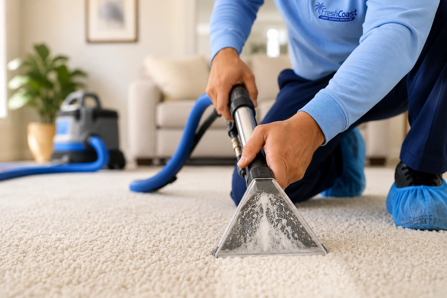 Carpet cleaning technician using professional extraction equipment on a cream colored carpet