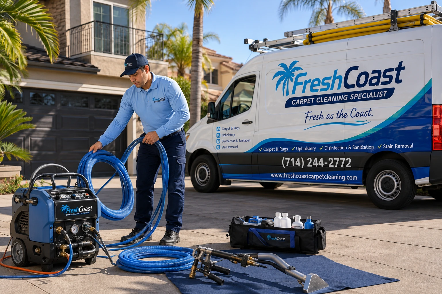 Carpet cleaning technician preparing professional equipment in a sunny Southern California neighborhood
