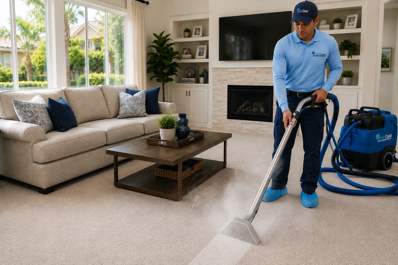 Professional carpet cleaning technician steam cleaning a light beige carpet in a bright Orange County living room