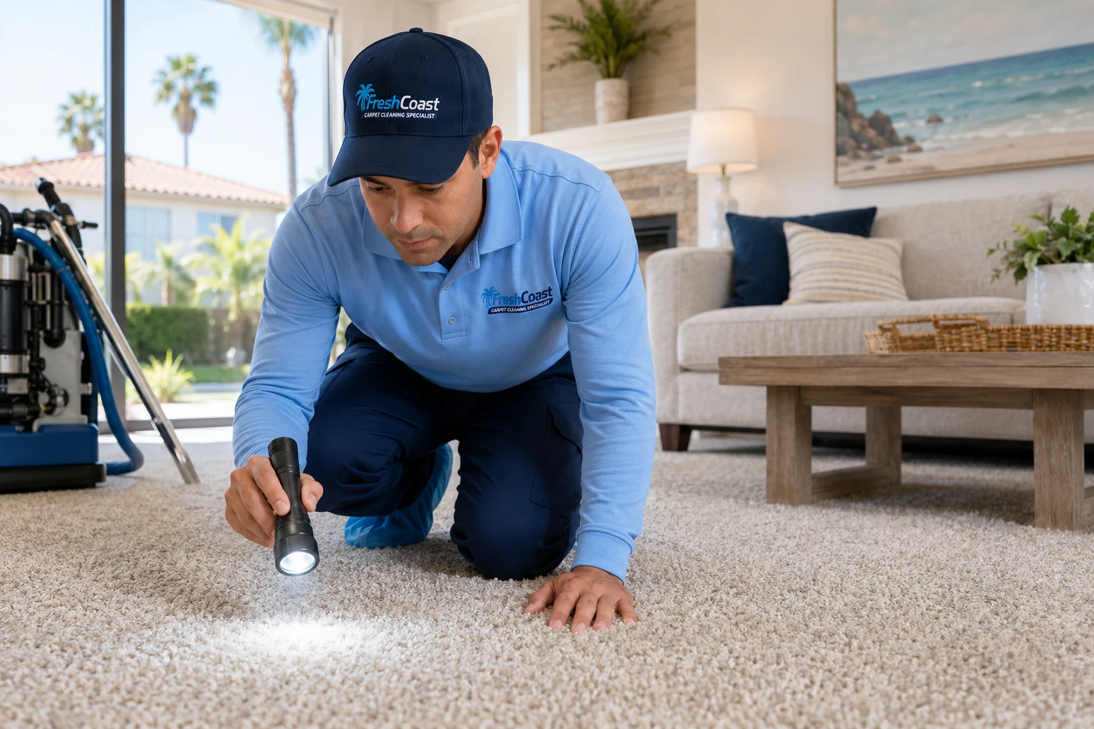Fresh Coast technician inspecting a residential carpet before cleaning
