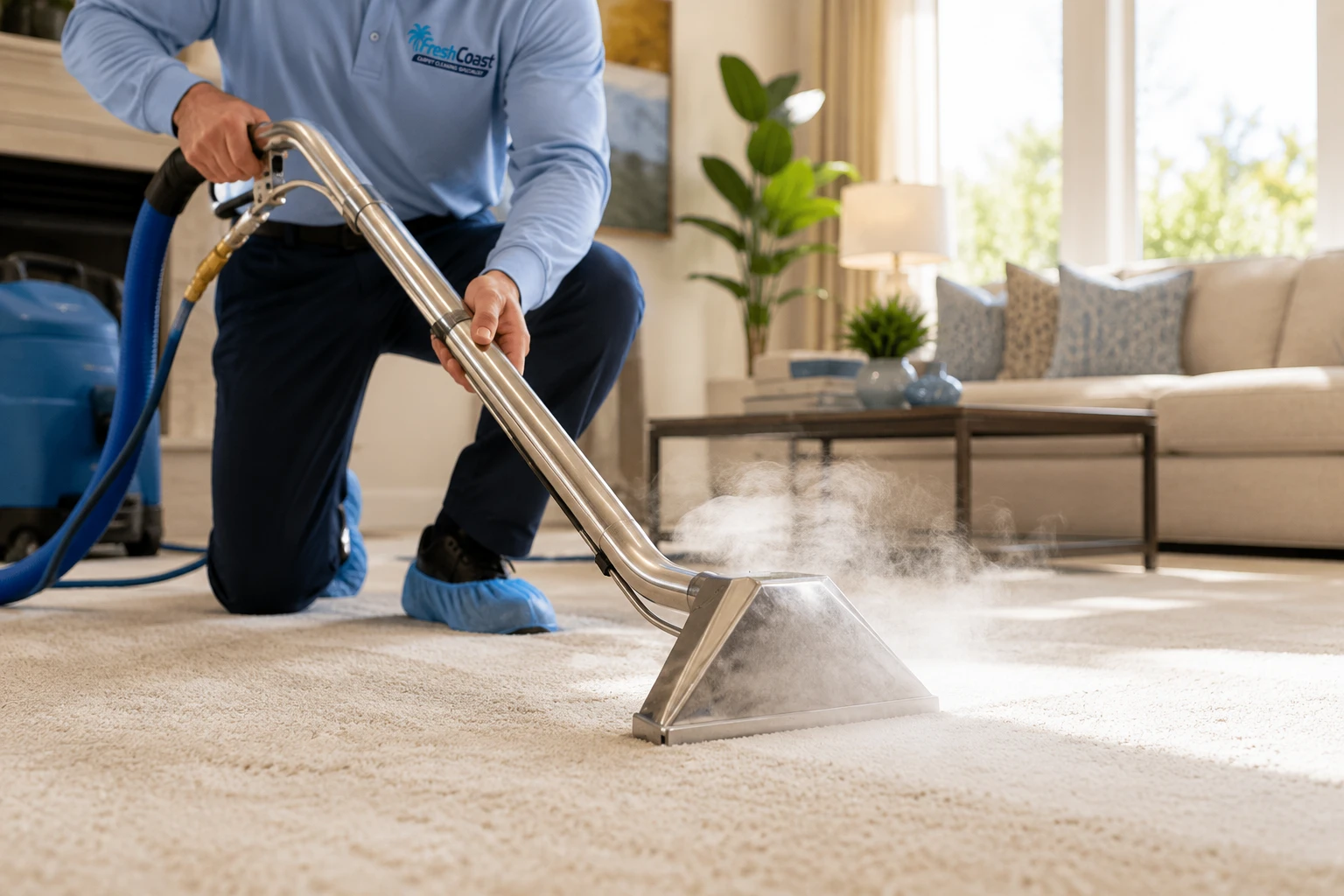Fresh Coast technician using a professional carpet cleaning wand on a light beige carpet in an Orange County living room