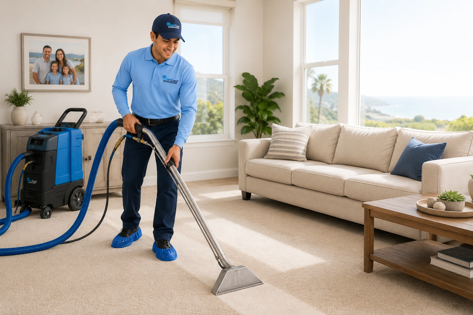 Professional carpet cleaning technician using hot water extraction equipment inside a bright Orange County living room