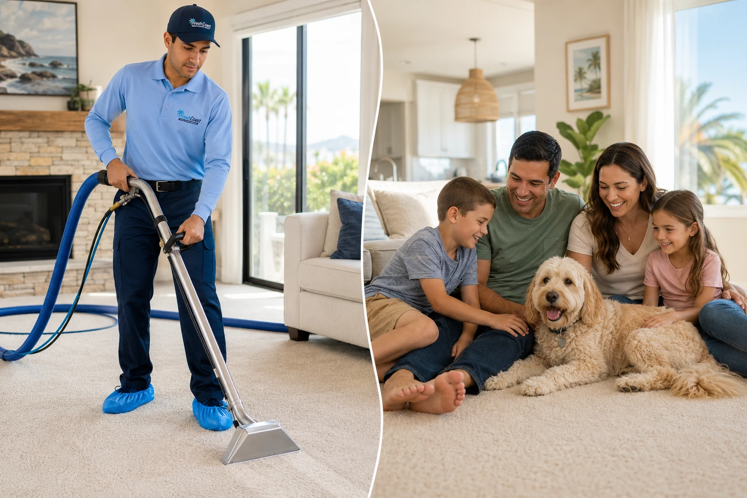 Fresh Coast technician carefully operating professional carpet cleaning equipment in a residential home