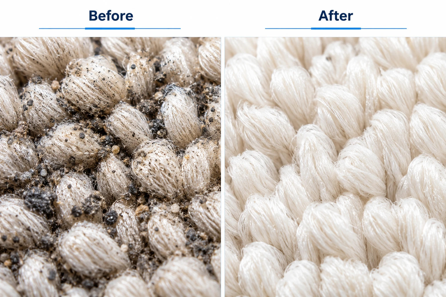 Before and after professional carpet cleaning showing cleaner healthier carpet fibers