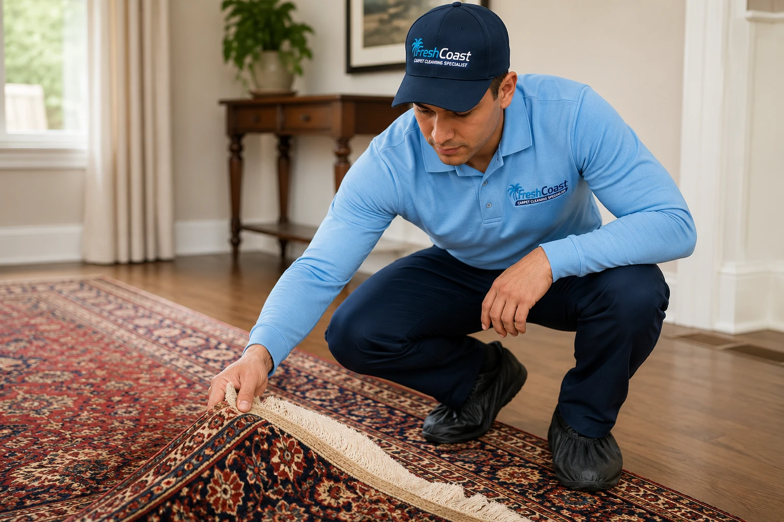 Fresh Coast technician inspecting a rug fiber and fringe before cleaning