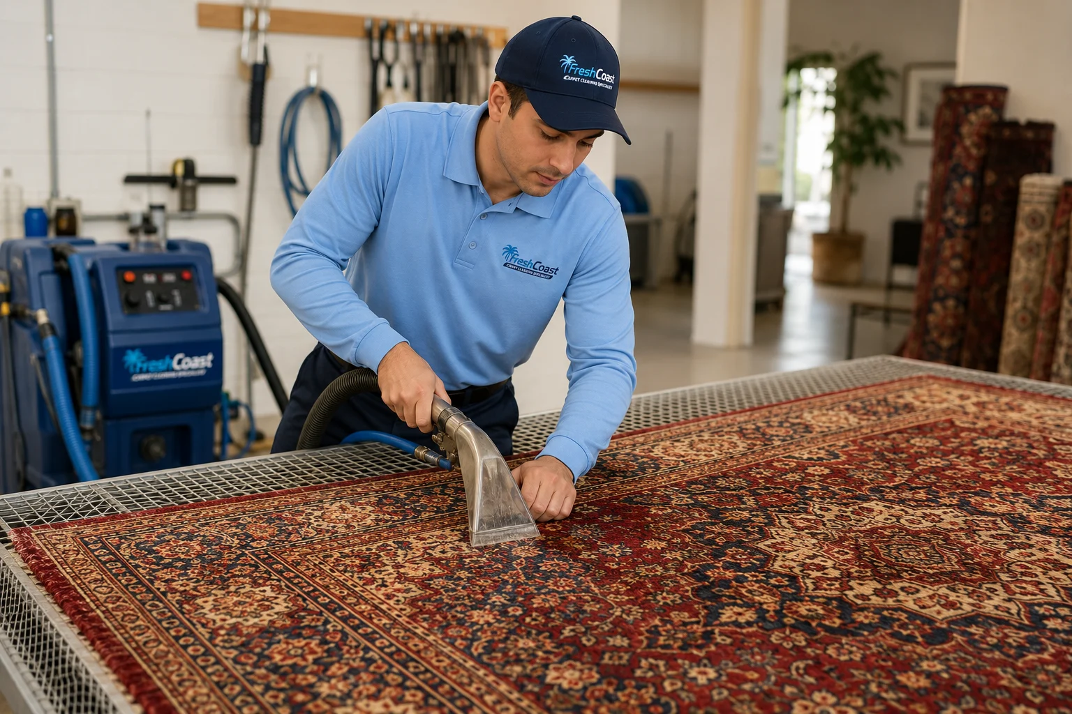 Fresh Coast technician carefully cleaning an ornate Persian area rug in Orange County