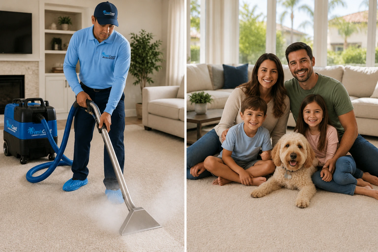 Focused carpet cleaning technician cleaning a cream colored carpet while a family relaxes on a freshly cleaned carpet