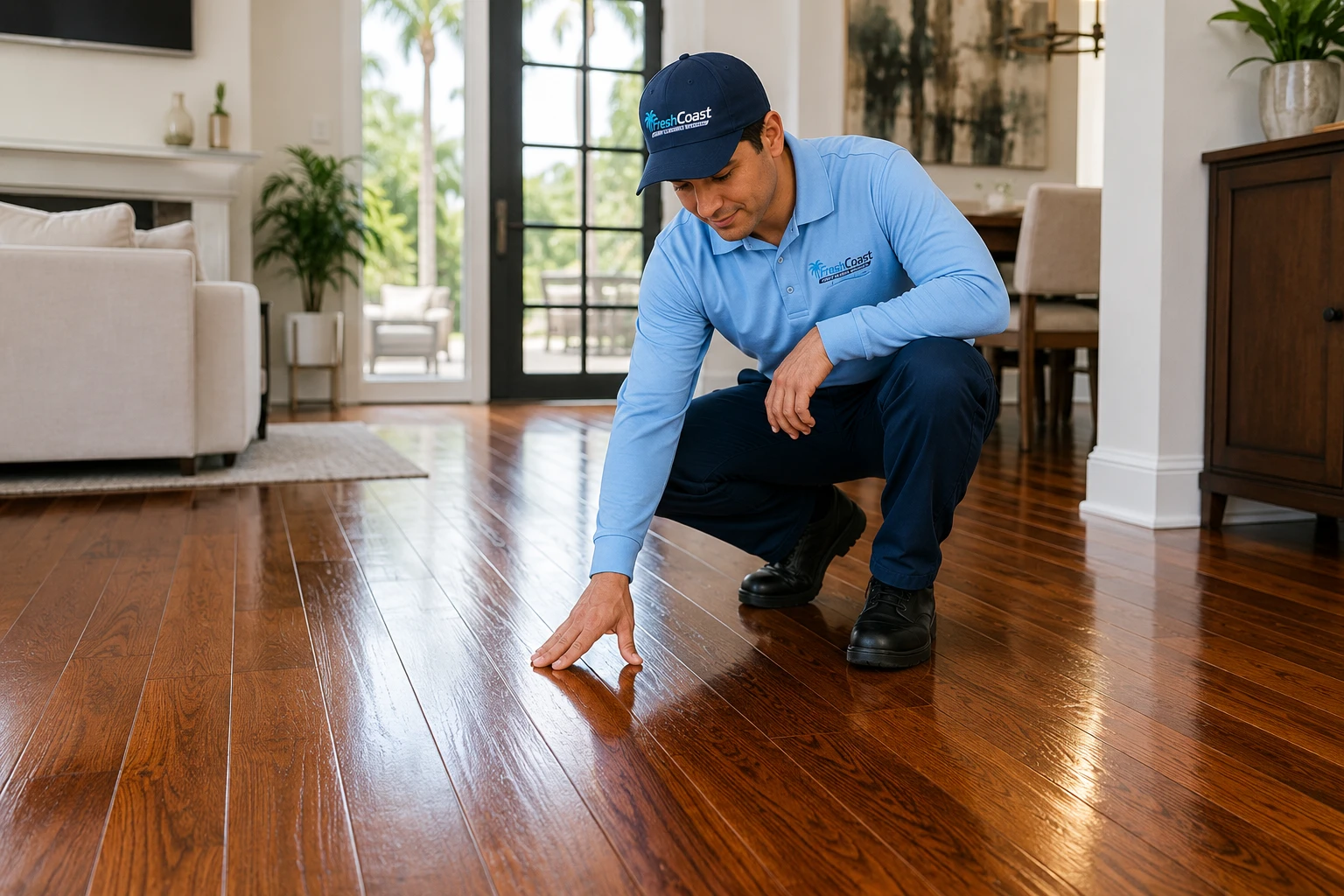 Fresh Coast technician examining a restored hardwood floor in an Orange County home