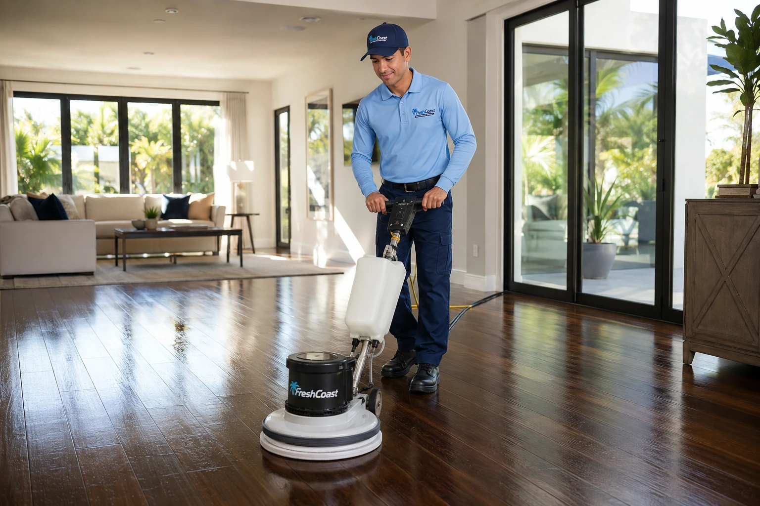 Fresh Coast technician cleaning wide plank hardwood floors in a bright Orange County home