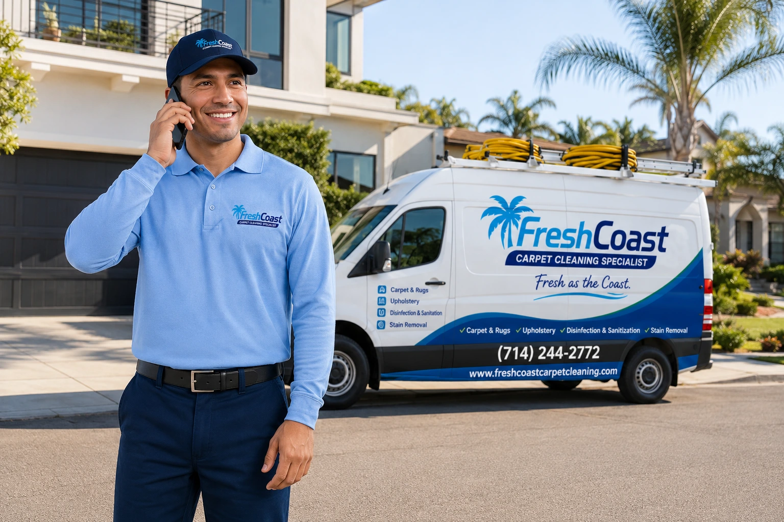 Friendly Fresh Coast carpet cleaning technician talking on the phone in front of a clean Orange County home