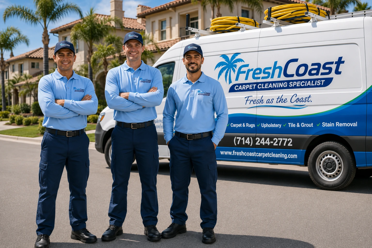 Friendly Fresh Coast carpet cleaning team in branded uniforms standing beside a professional carpet cleaning van