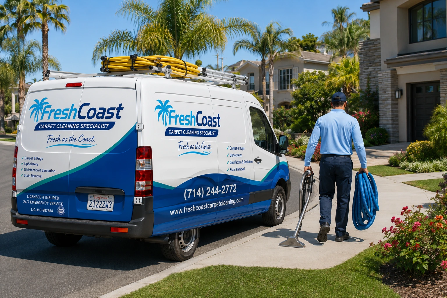 Fresh Coast carpet cleaning van parked in an Orange County residential neighborhood