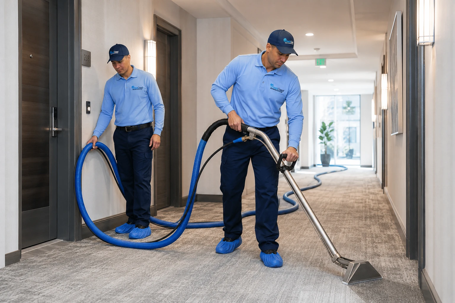Fresh Coast technician cleaning lobby sofas in an Orange County managed property