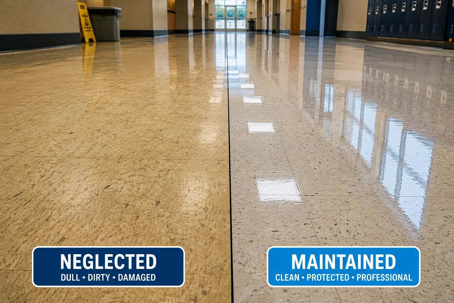 Gleaming commercial floor after professional stripping and waxing