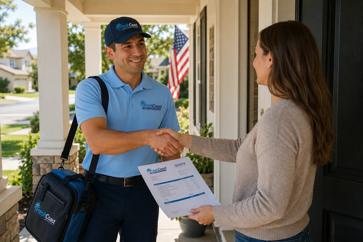 A cheerful Fresh Coast technician handing a homeowner a printed quote sheet on a bright Tustin porch, both shaking hands