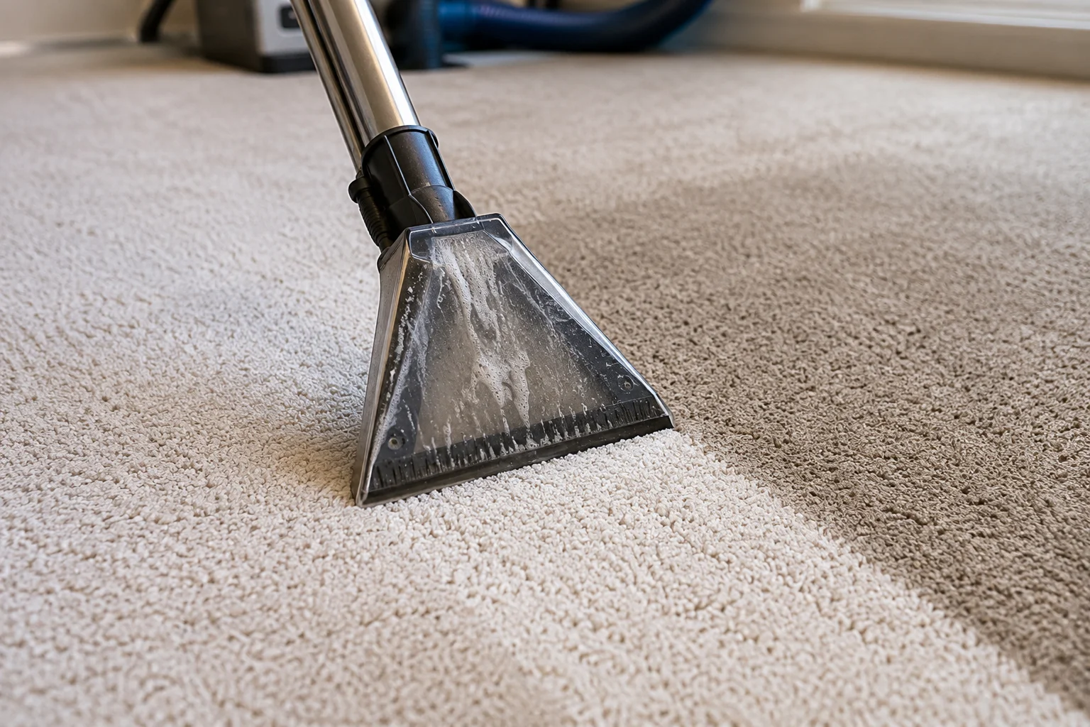 Close-up shot of a carpet cleaning wand actively extracting dirty water from a beige carpet, showing the visible contrast between the cleaned and uncleaned sections