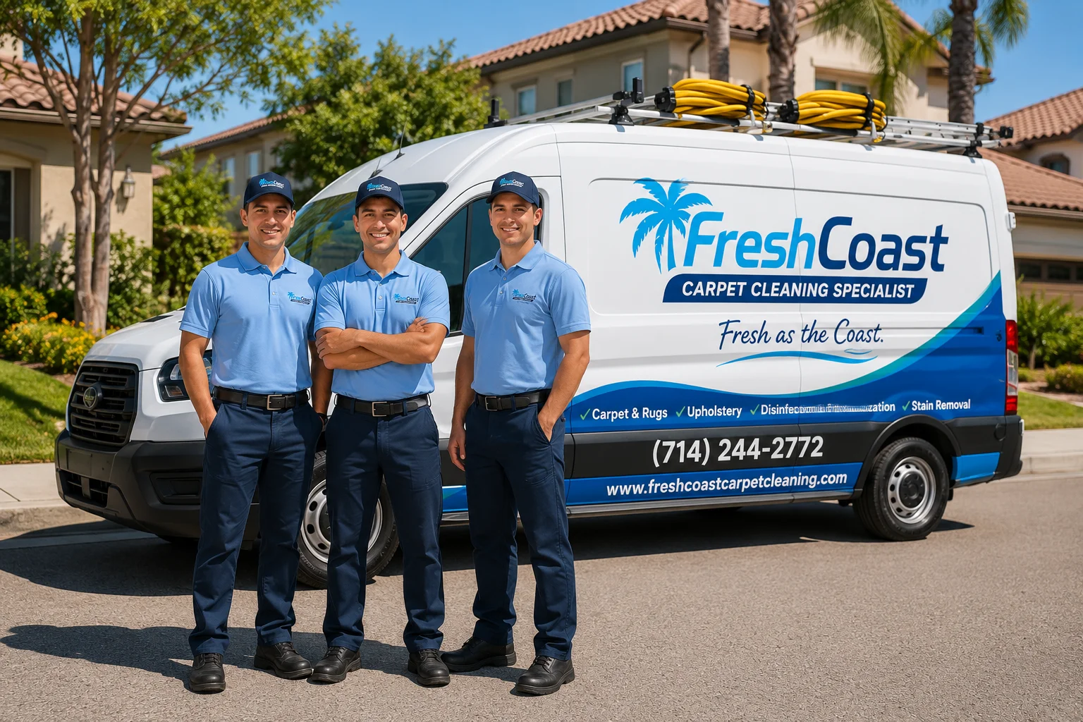 A Fresh Coast Carpet Cleaning technician in branded uniform operating a professional hot water extraction machine on a bright, clean living room carpet in a Tustin, CA home