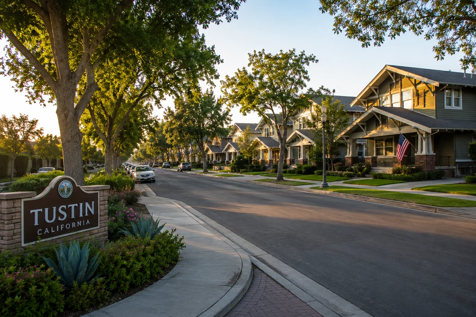 Wide street-level photo of a tree-lined residential neighborhood street in Tustin, CA with craftsman-style homes, warm late-afternoon California light