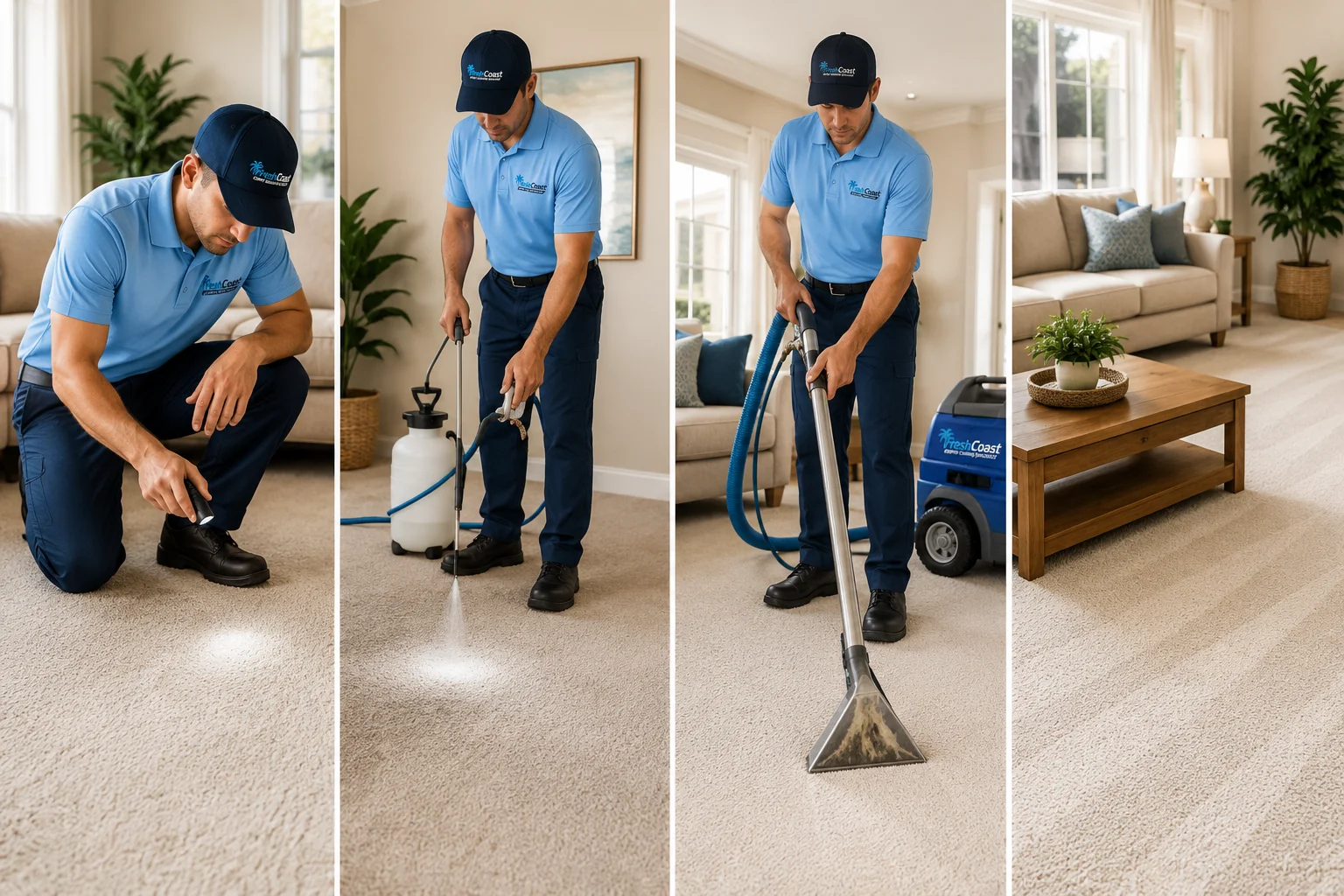 Four small sequential lifestyle photos or a single collage-style image showing the carpet cleaning process steps: inspection, pre-treatment spray, hot water extraction machine in use, and a finished bright clean carpet