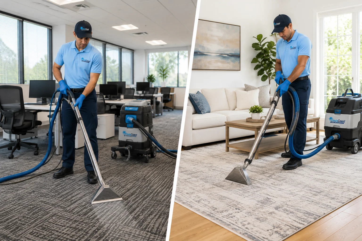 Split-style photo composition showing a clean modern office carpet on one side and a freshly cleaned living room area rug on the other