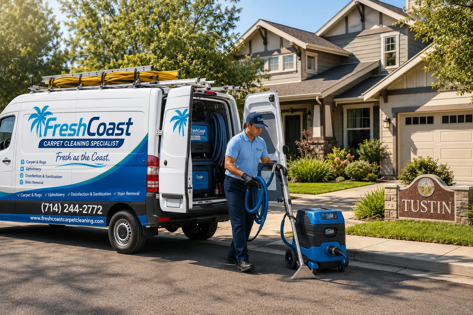 Clean infographic-style photo backdrop showing a Fresh Coast branded service van parked in front of a well-maintained Tustin home, technician unloading equipment