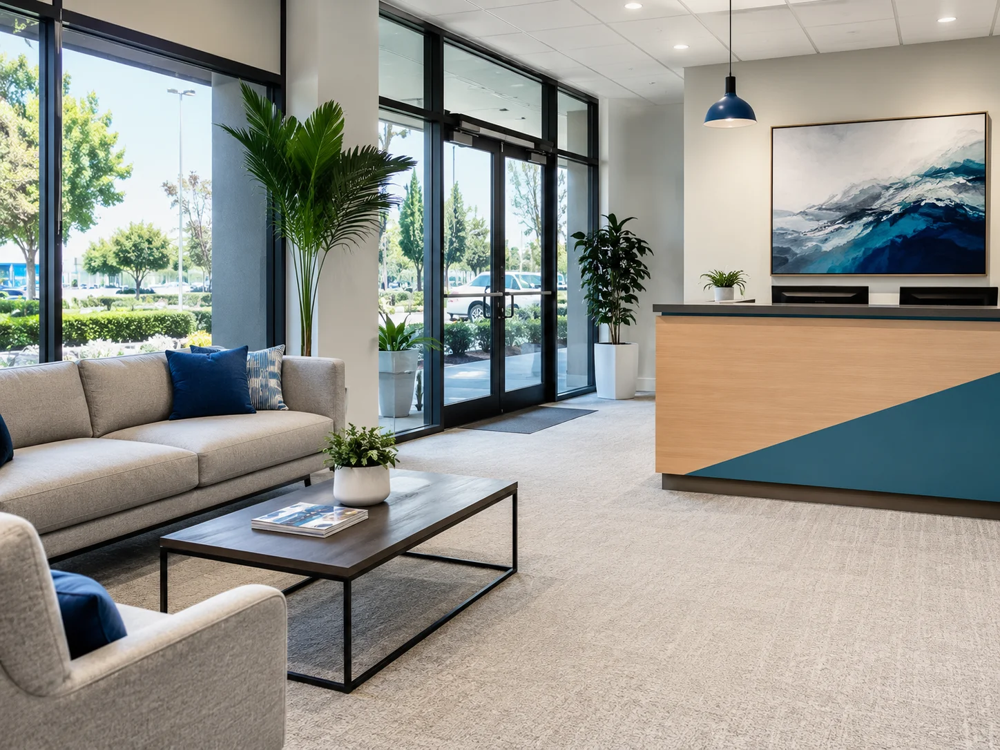 The reception area of a Yorba Linda professional office with freshly cleaned carpet, modern waiting furniture, clean glass