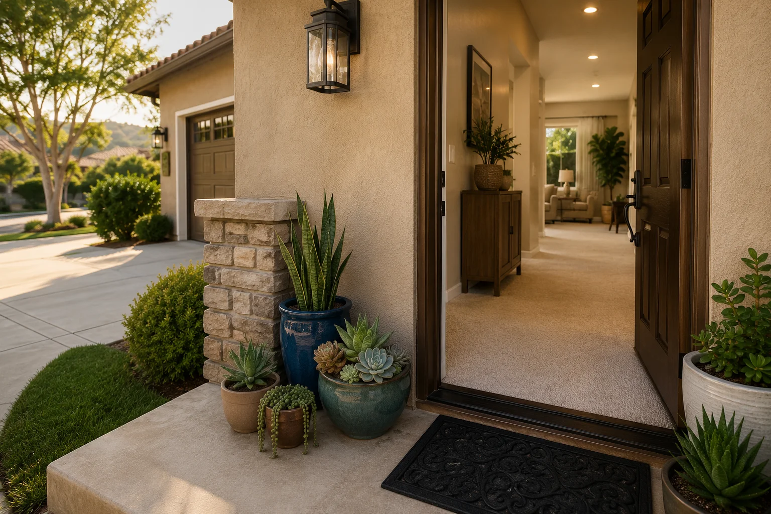 A welcoming Yorba Linda home entryway with freshly cleaned carpet visible through the open front door, potted succulents