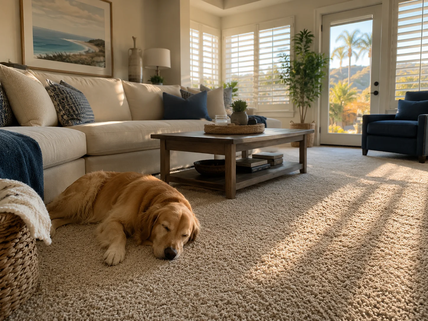 A warm Yorba Linda living room in late afternoon, freshly cleaned textured carpet catching golden light through plantation shutters