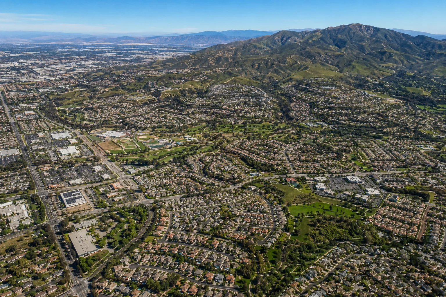 An aerial view of northeast Orange County showing Yorba Linda's neighborhoods bordered by Placentia, Villa Park, Anaheim