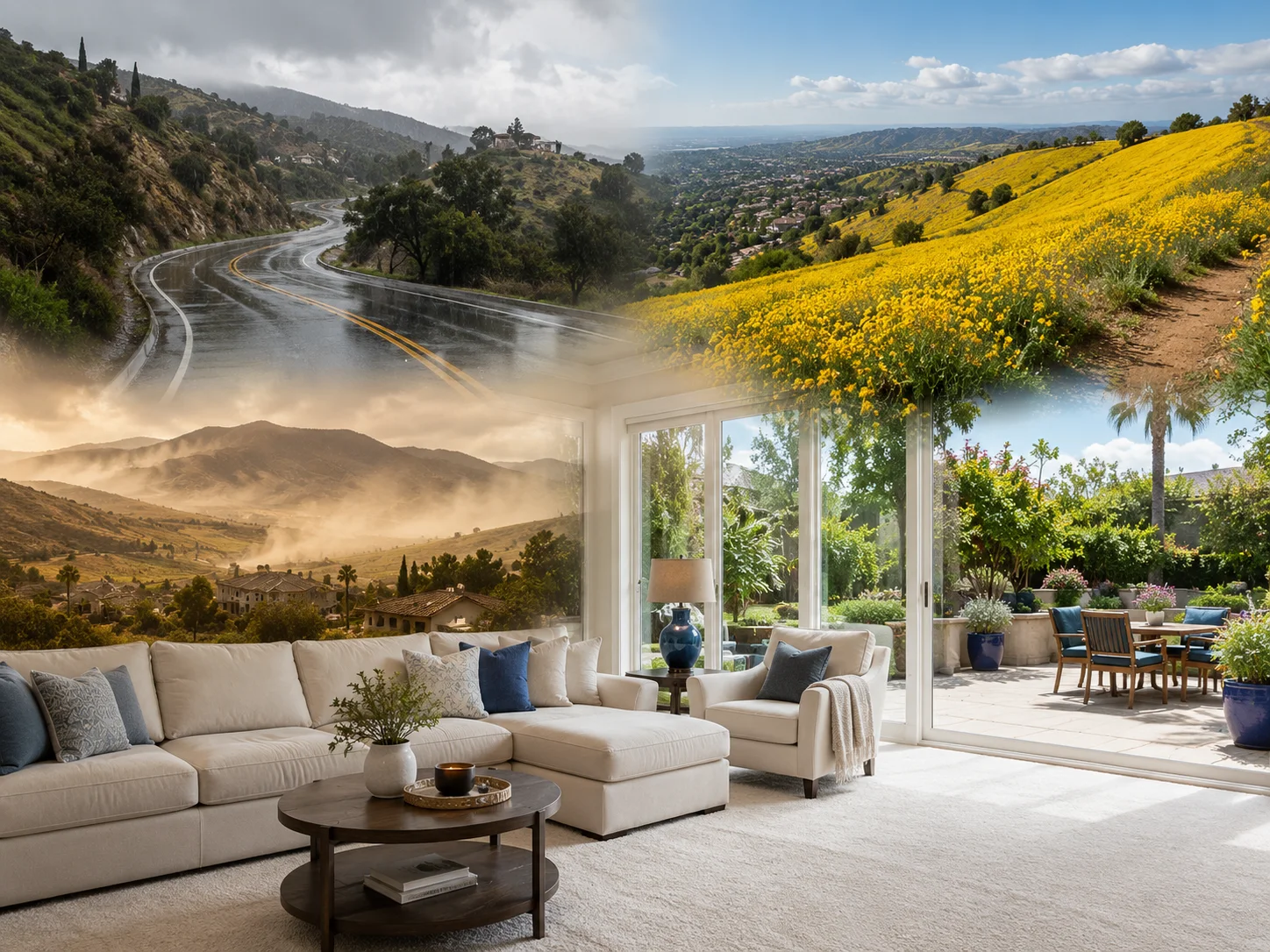 A seasonal collage-style image showing four Yorba Linda scenes: fall rain on hillside roads, spring wild mustard on hillsides