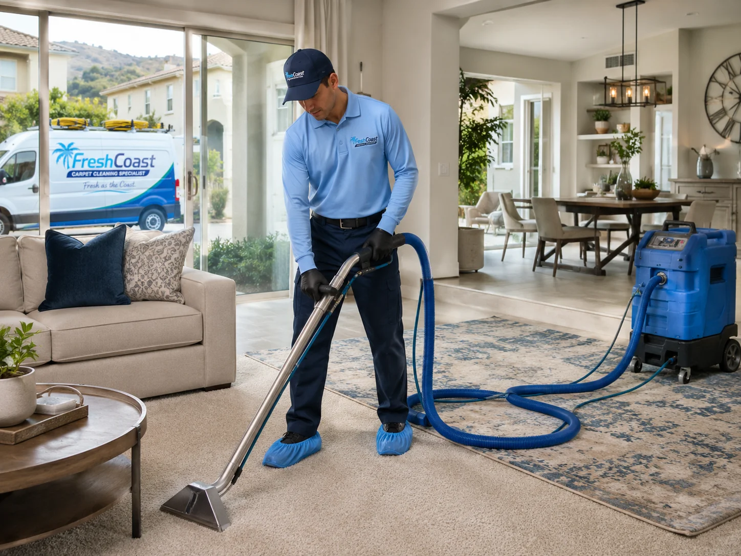 A Fresh Coast technician in a Yorba Linda home working on both a carpeted area and an adjacent area rug, professional equipment