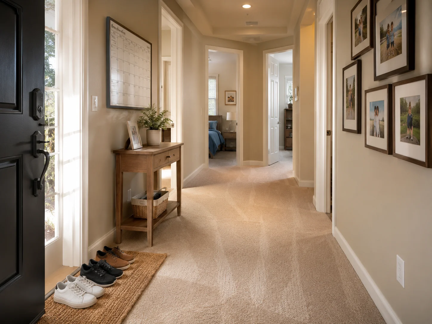 A clean, organized Yorba Linda home hallway with carpet leading to multiple bedrooms, a calendar on the wall, family photos