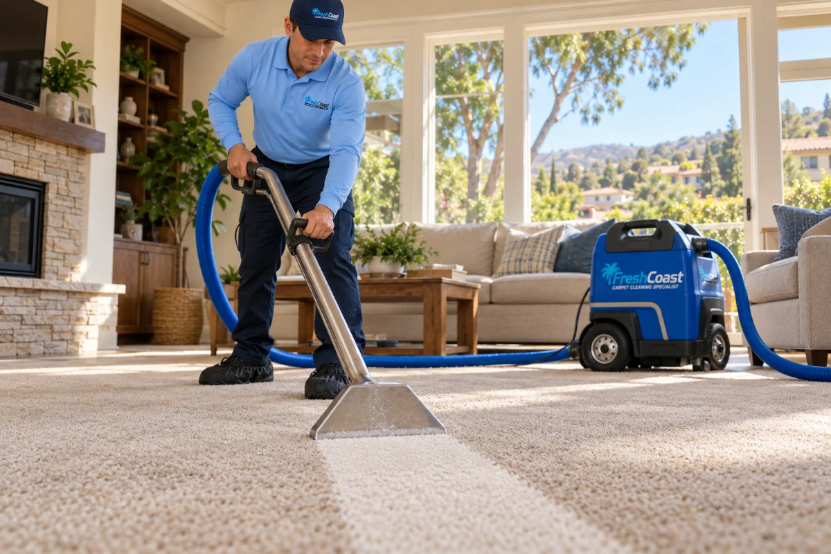 Fresh Coast technician cleaning carpet in a Brea home